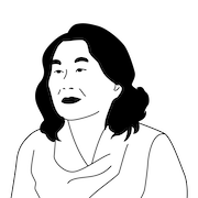 Illustration of a smiling older woman with wavy black hair