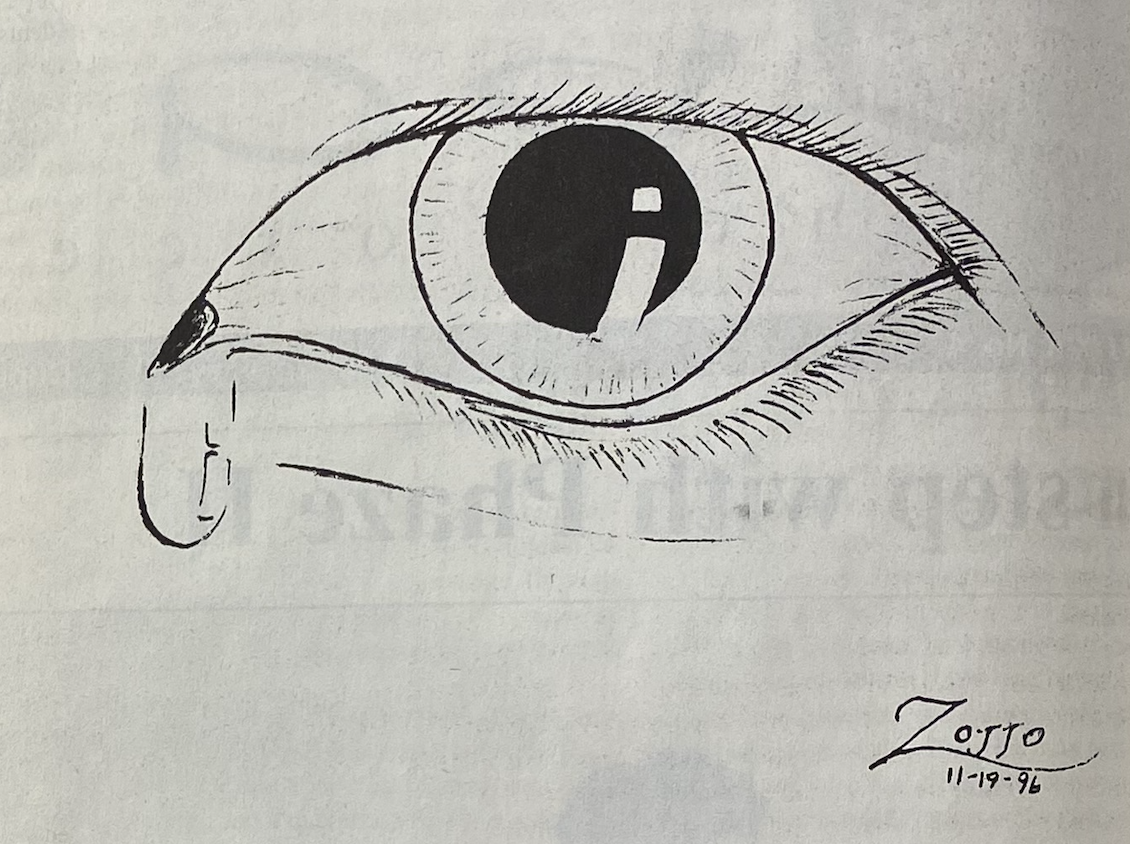 A black and white hand-drawn eye with detailed eyelashes and a prominent, reflective pupil. Theres a single tear trailing down from the eye.