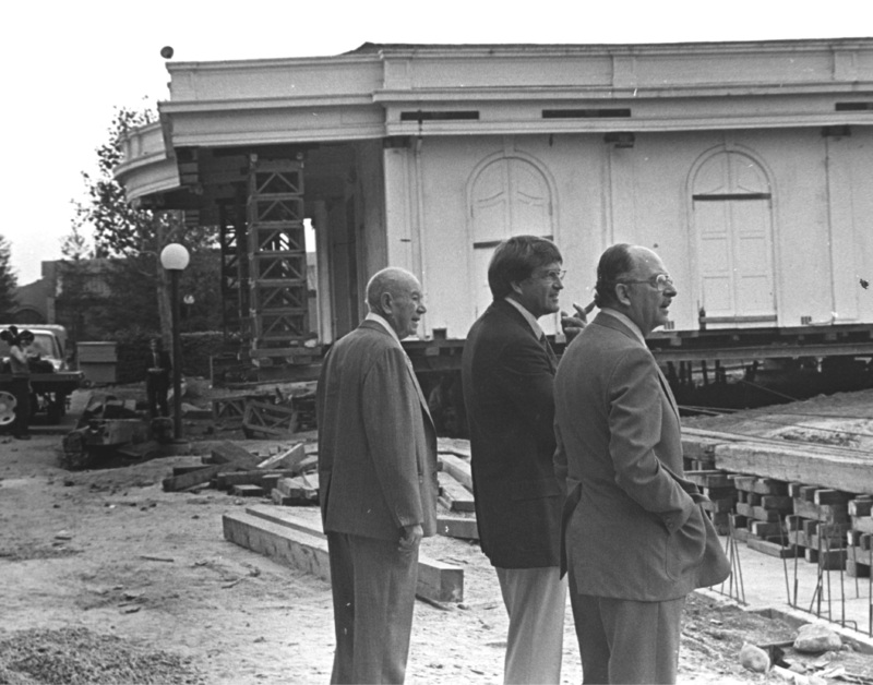 Louis E. Stocklmeir (left), Dr. A. Robert DeHart (center), & Dr. Robert Smithwick (right) observe building relocation 1960s