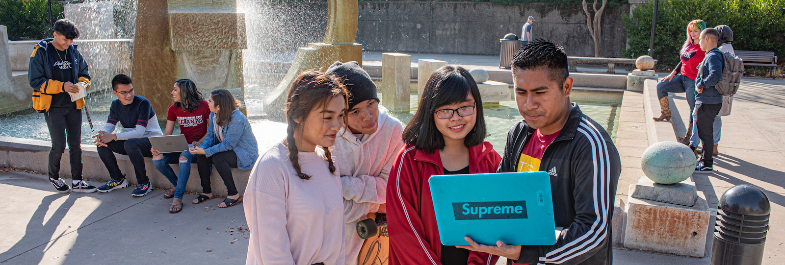 students looking at laptop near fountain