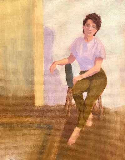 Oil painting of a person with short dark hair and glasses seated on a stool, rendered in warm yellows and muted purples