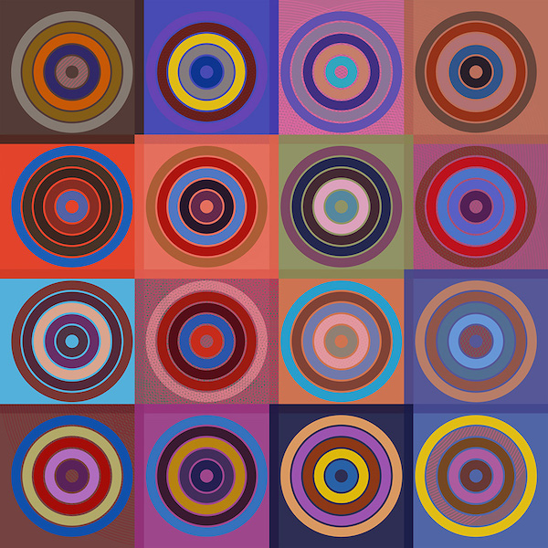 colorful set of concentric circles in grid pattern