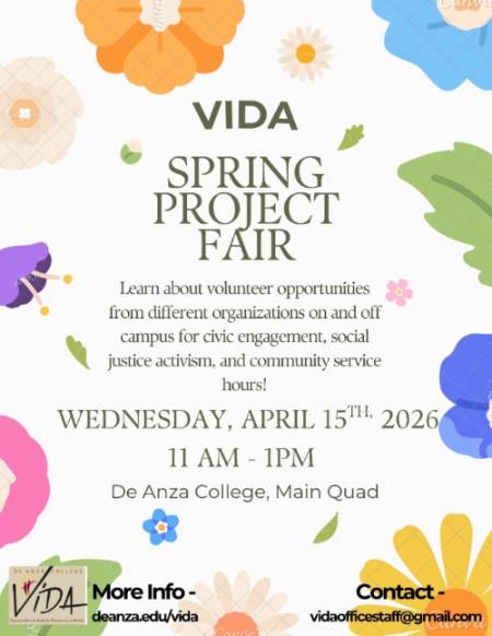 wed, april 15 2026, VIDA spring project Fair in the main quad from 11 am to 1 pm 